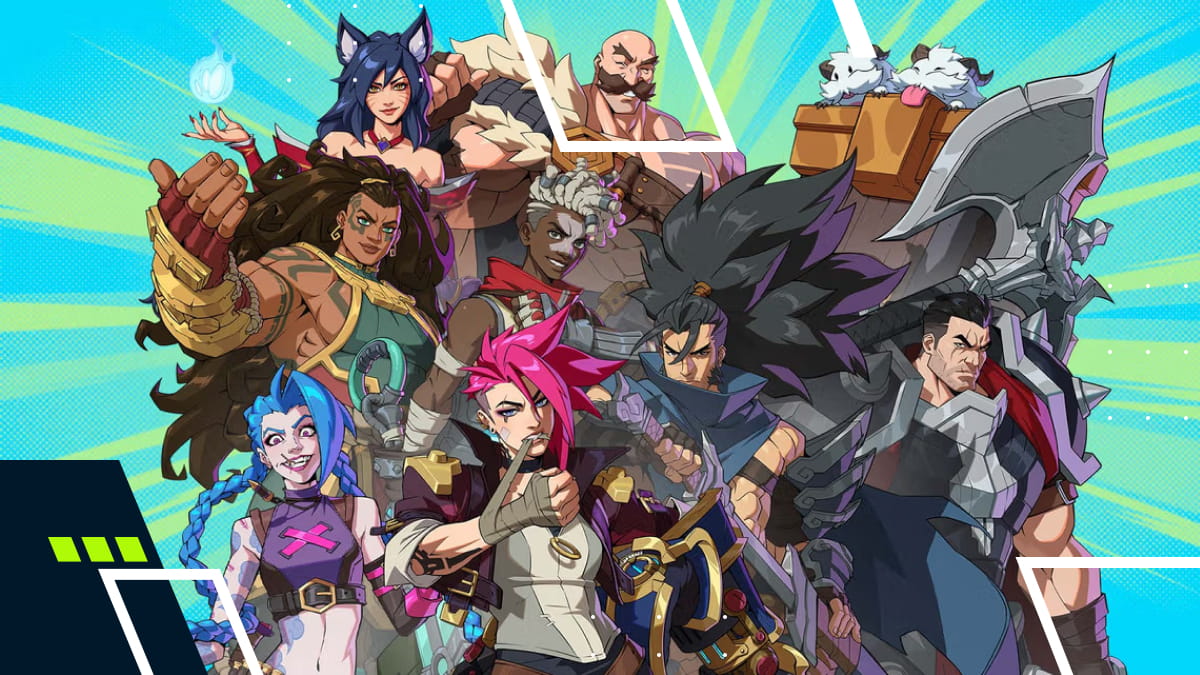 Colorful illustration of diverse characters in action poses, featuring fantasy weapons and costumes