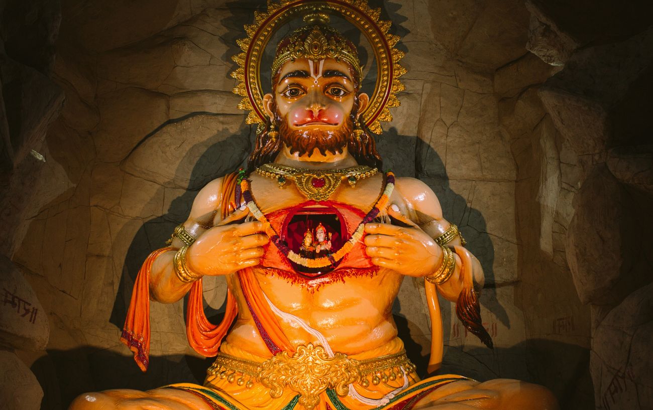 hanuman statue with ram and sita in his heart