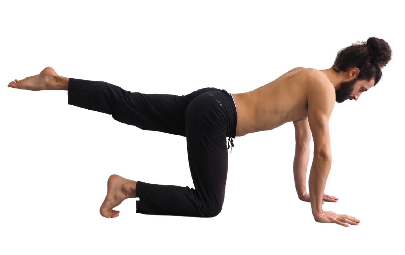 a man in black yoga pants doing bird dog pose with one leg