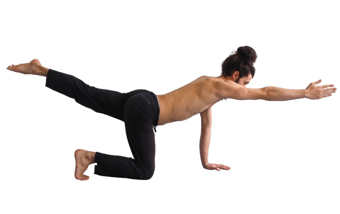 a man in black yoga pants doing bird dog pose