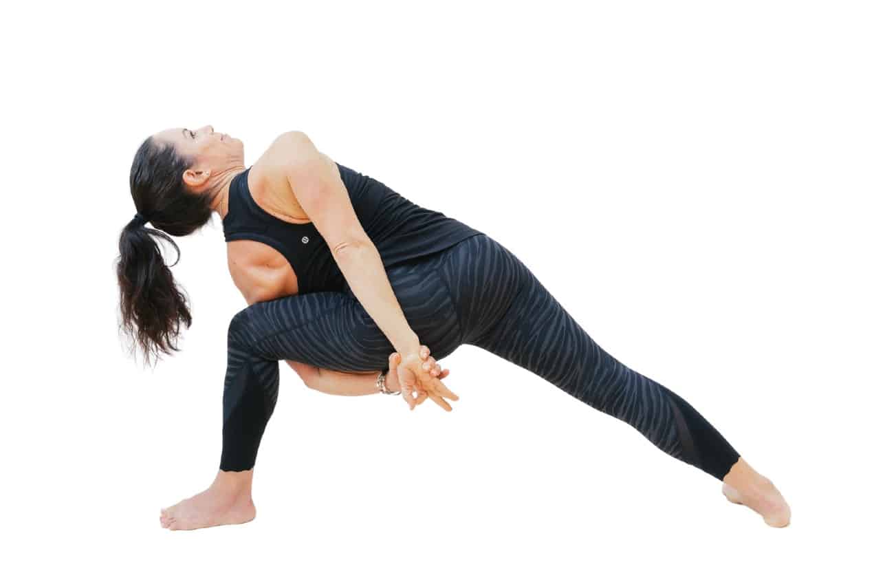 woman doing bound extended side angle pose from the back