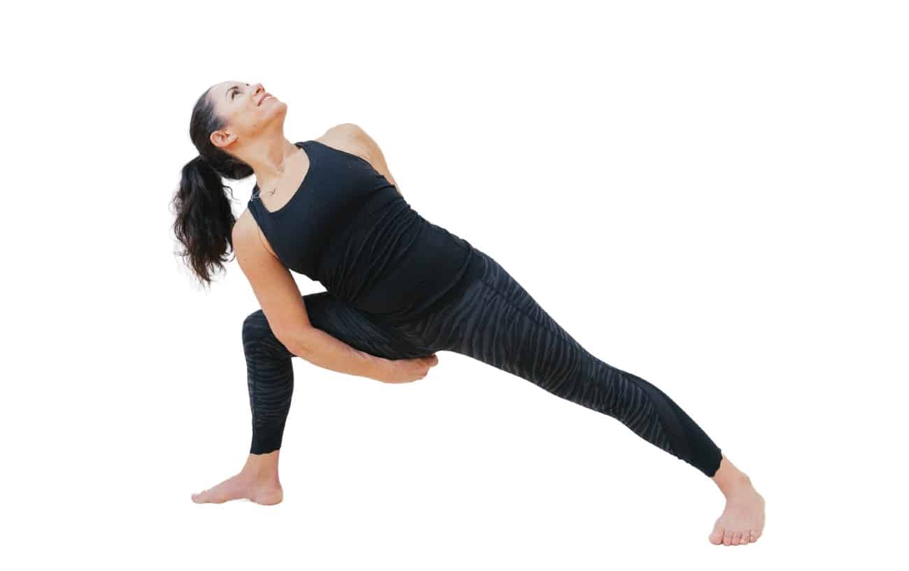 picture of woman doing bound extended side angle pose front facing