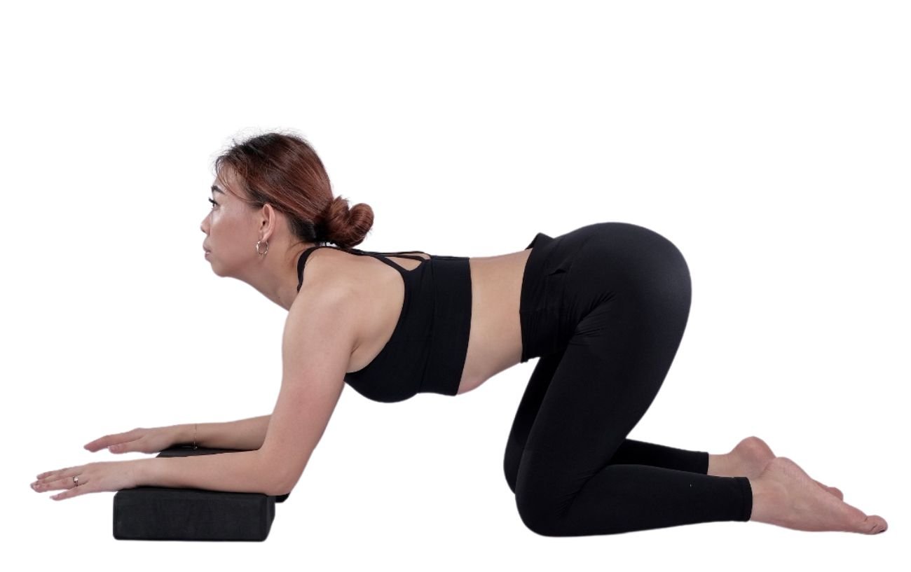 a woman doing cow pose with her forearms resting on yoga blocks