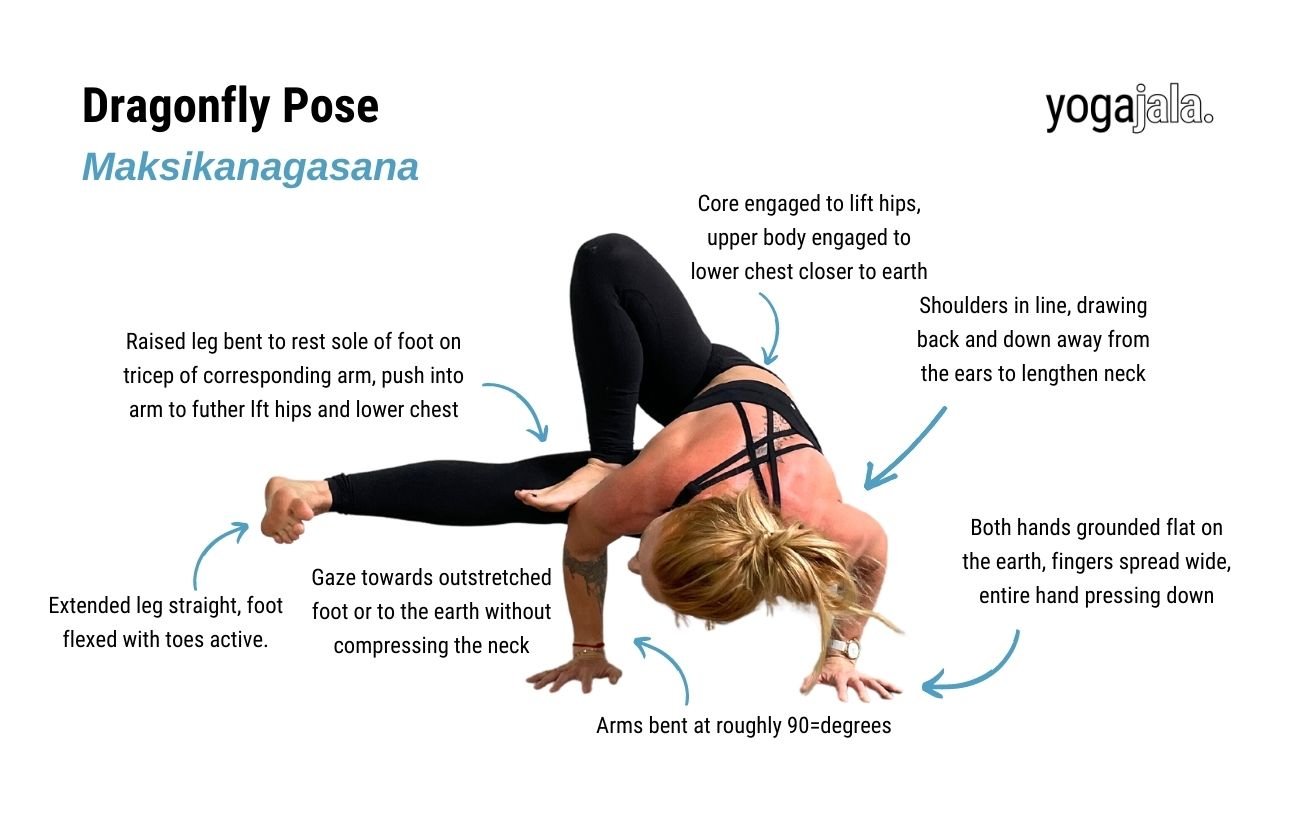 an annotated image of a woman wearing black yoga clothes doing dragonfly pose