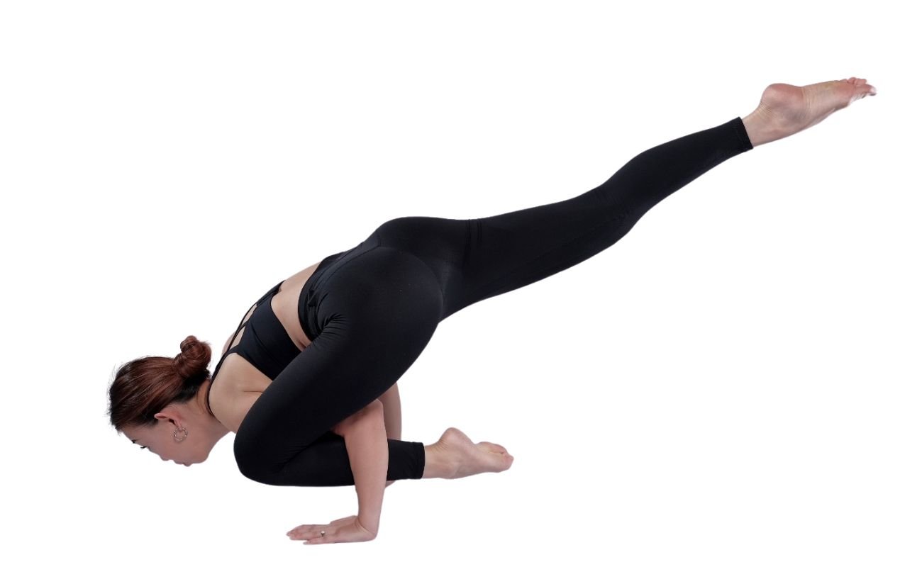 a woman wearing black yoga clothes doing flying lizard pose