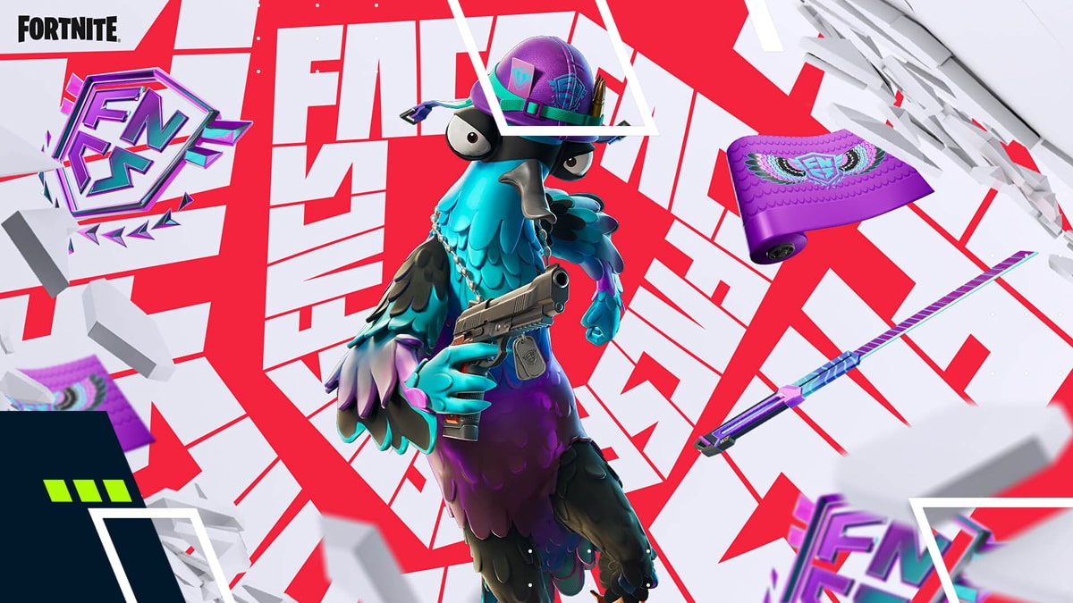 Fortnite FNCS 2025 skin with colorful outfit, pistol, glider, and pickaxe