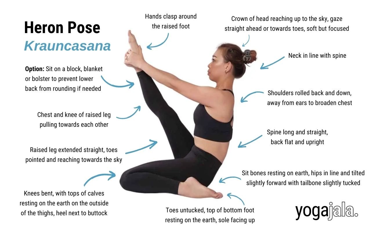 an annotated image of a woman wearing black yoga clothes doing heron pose