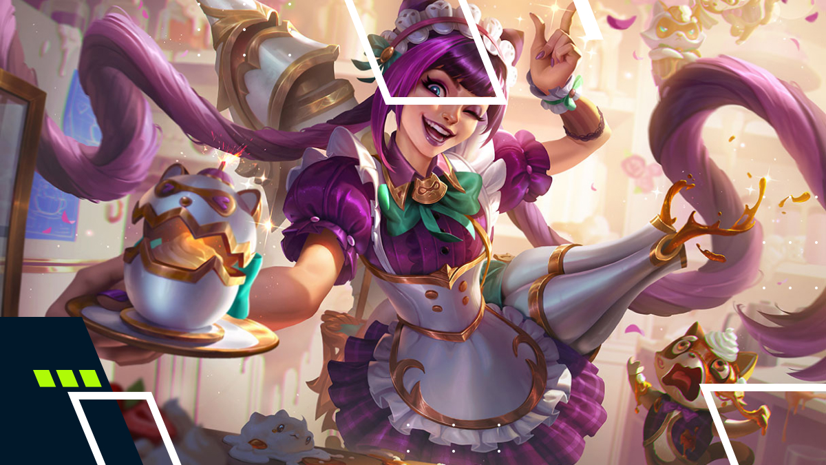 League of Legends champion Jinx in her Cafe Cuties skin holding a teacup and smiling.