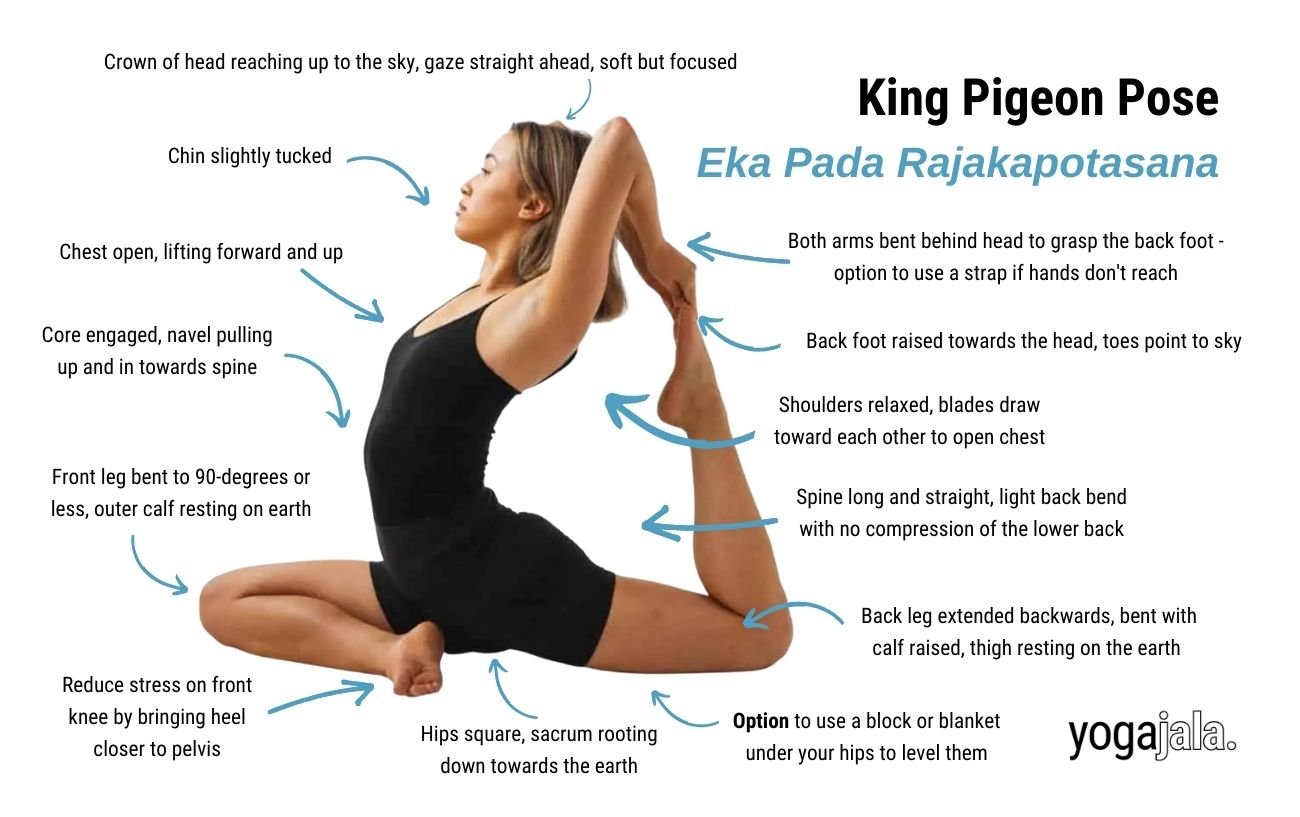 an annotated image of a woman wearing black yoga clothes doing king pigeon pose