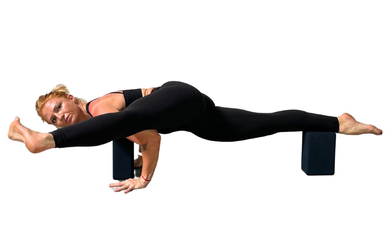 a woman wearing black yoga clothes doing Eka Pada Koundinyasana 2 with blocks