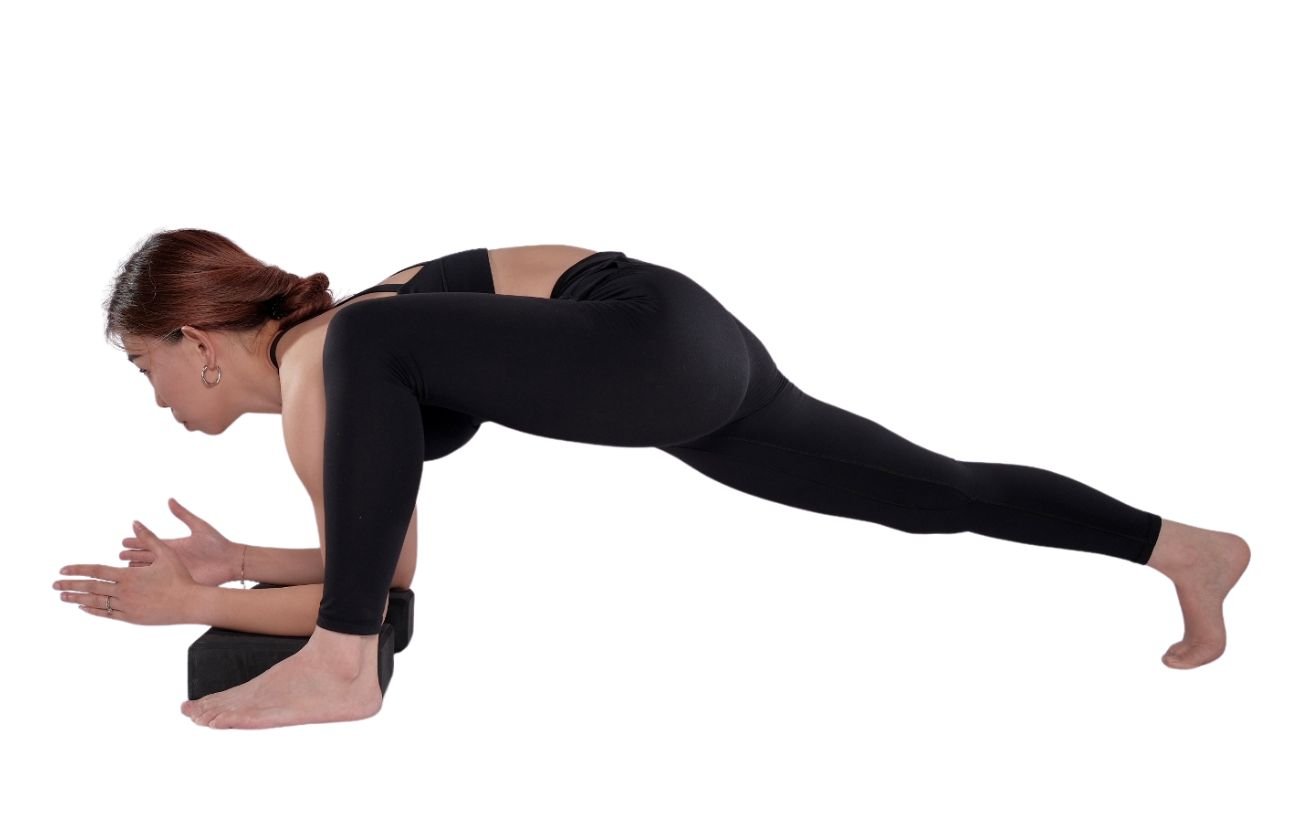 a woman wearing black yoga clothes doing lizard pose with blocks under her elbows