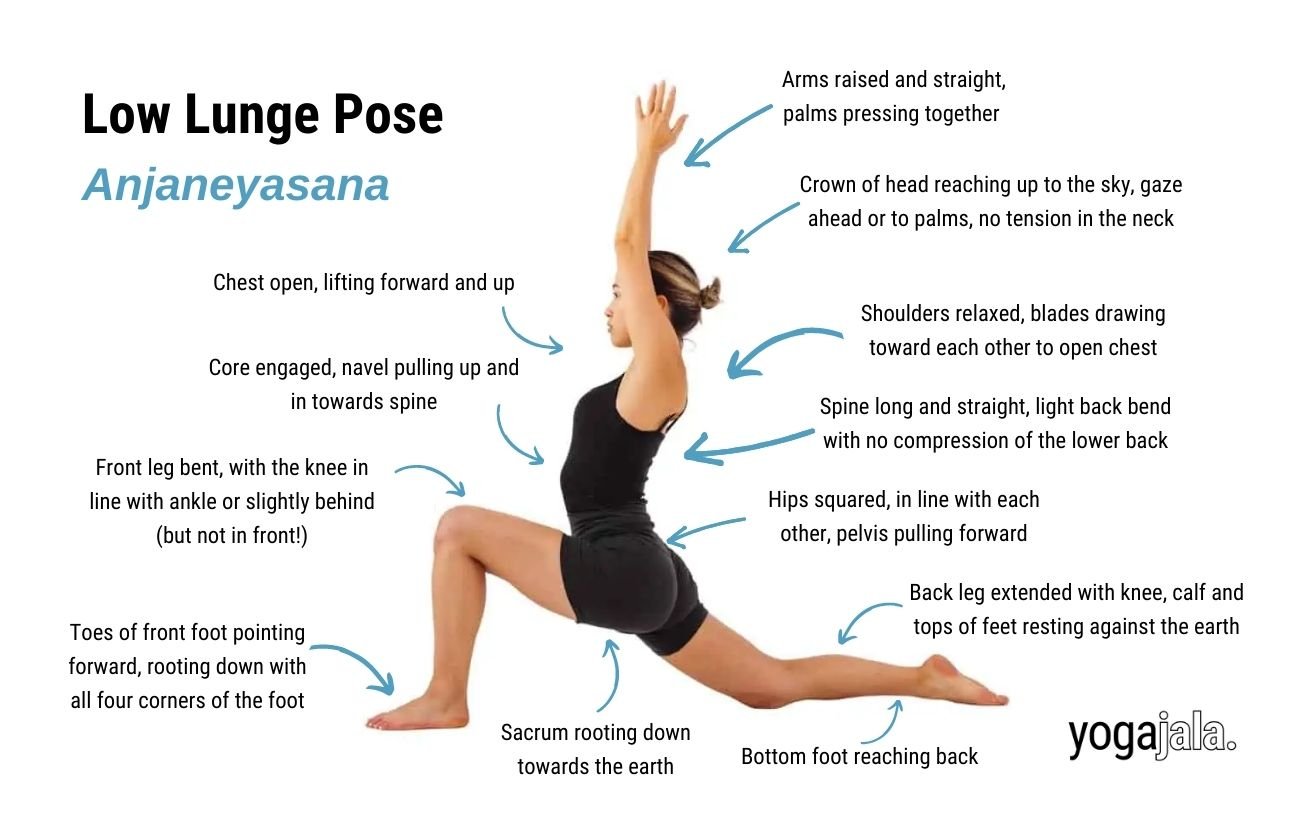 an annotated image of a woman wearing black yoga clothes doing low lunge Pose