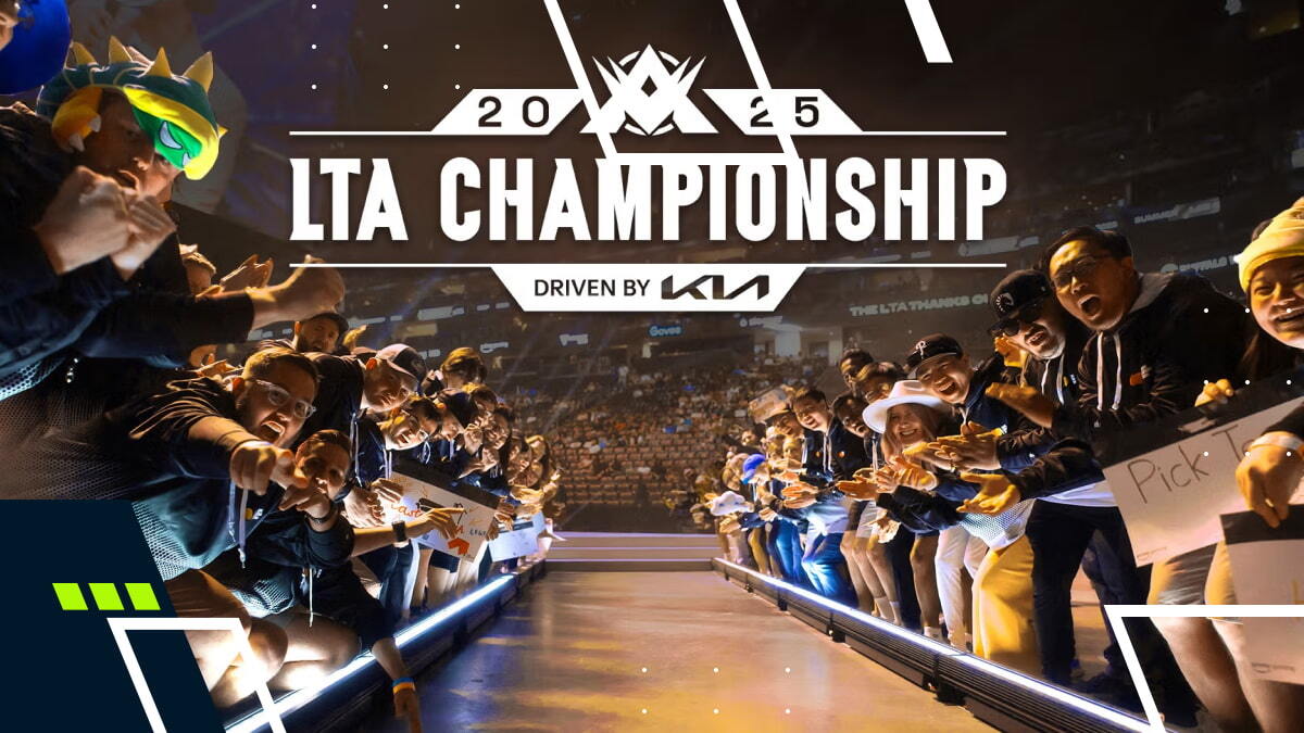 Crowd of enthusiastic fans reaching towards the center aisle in an arena, with "2025 LTA Championship" displayed above