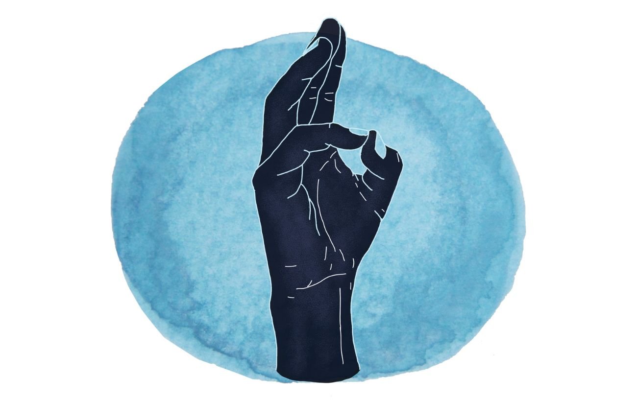 an illustration of a hand in buddhi mudra against a blue circle background