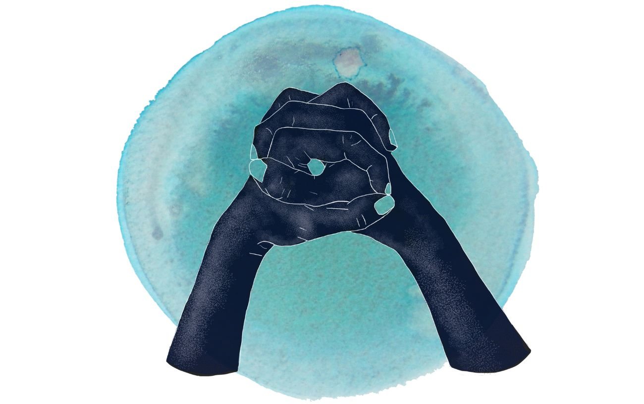 an illustration of granthita mudra against a blue paint circle background