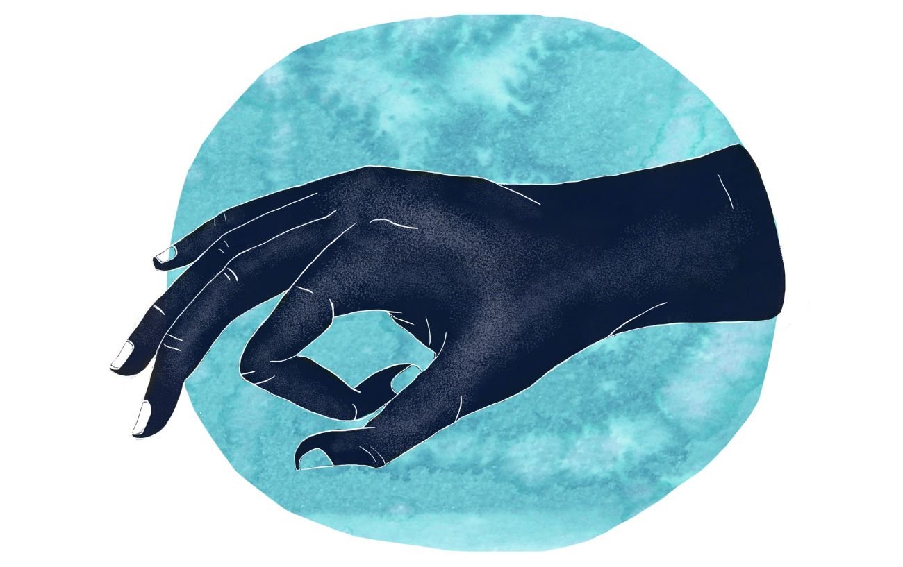 an illustrated hand in jnana mudra against a blue circle background