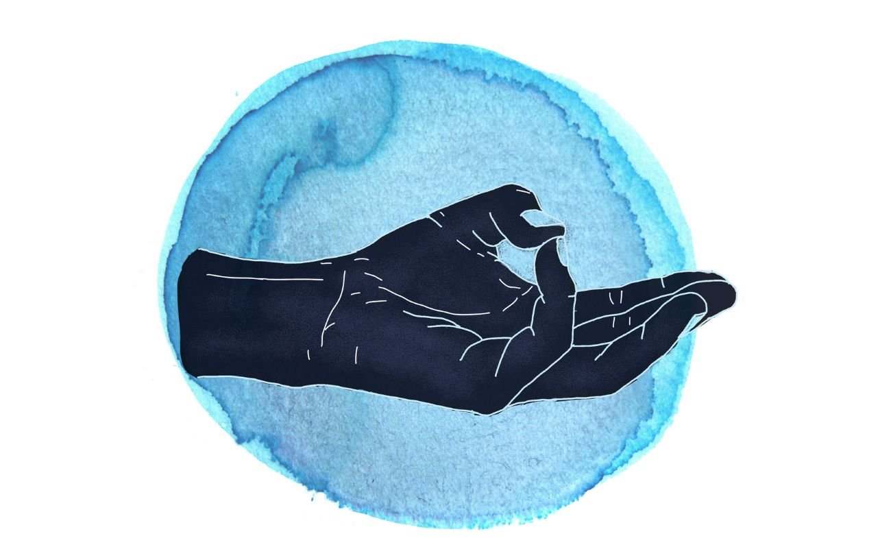 an illustration of a hand in varuna mudra against a blue circle background
