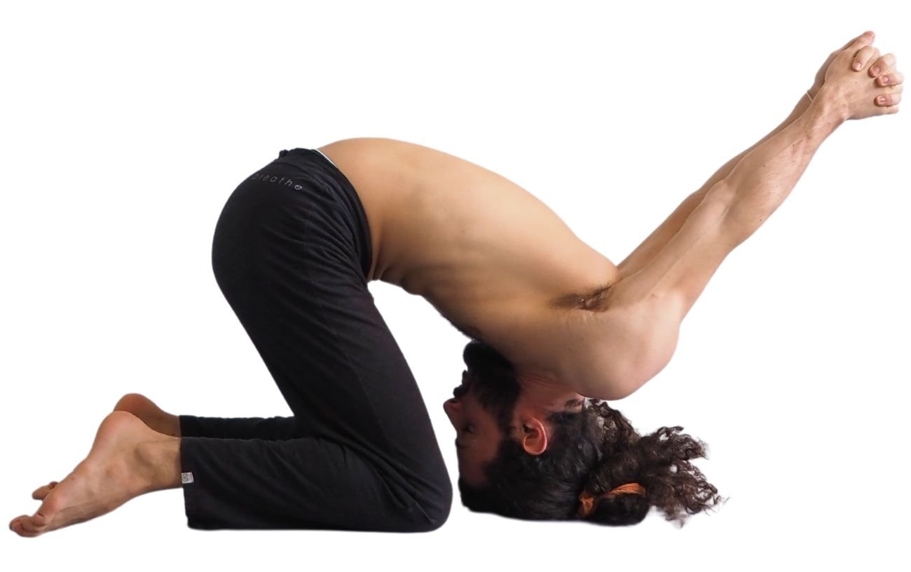 a photo of a man in black yoga pants doing rabbit pose with his arms clasped behind his head