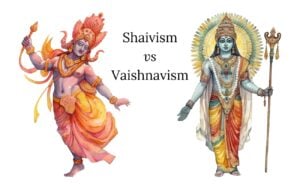 a watercolour of vishnu and shiva with the words shaivism vs vaishnaivism