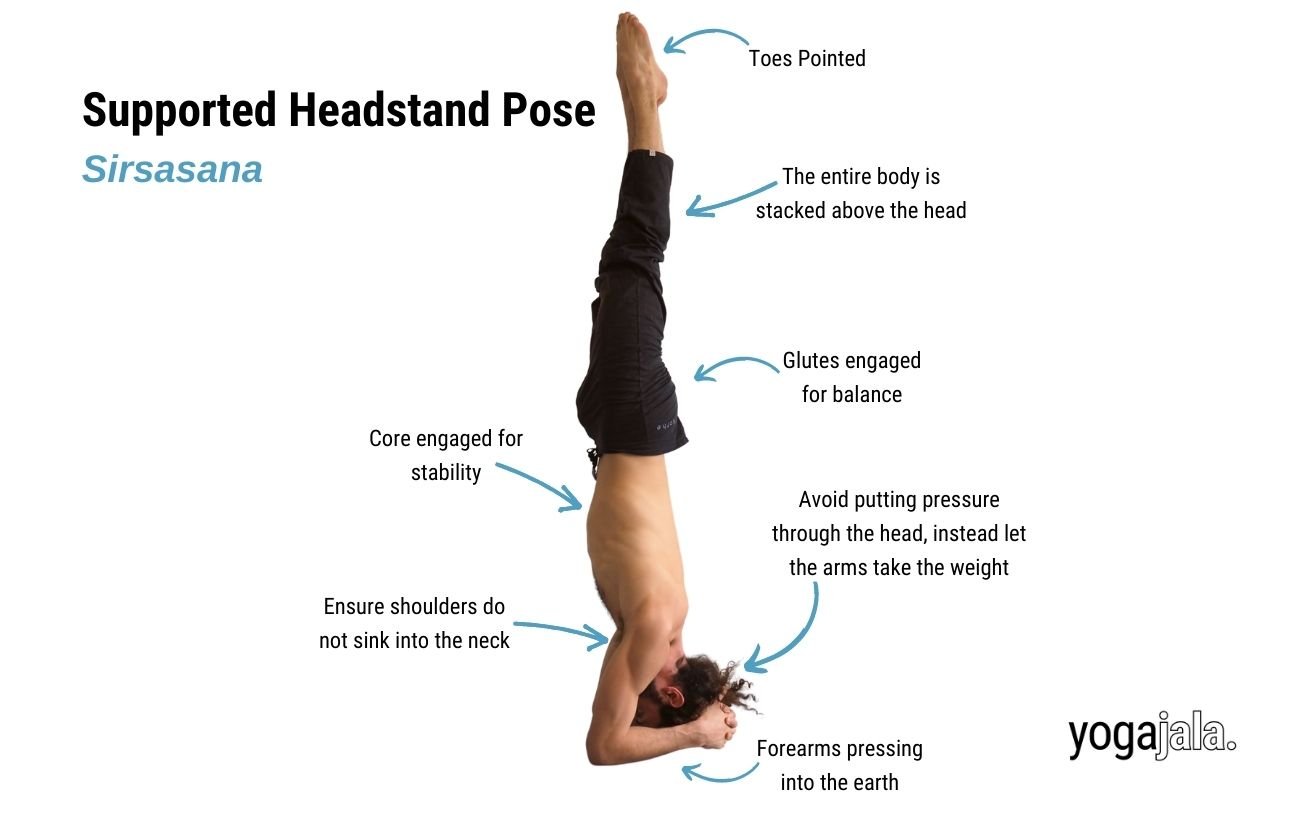 an annotated image of a man in supported headstand pose