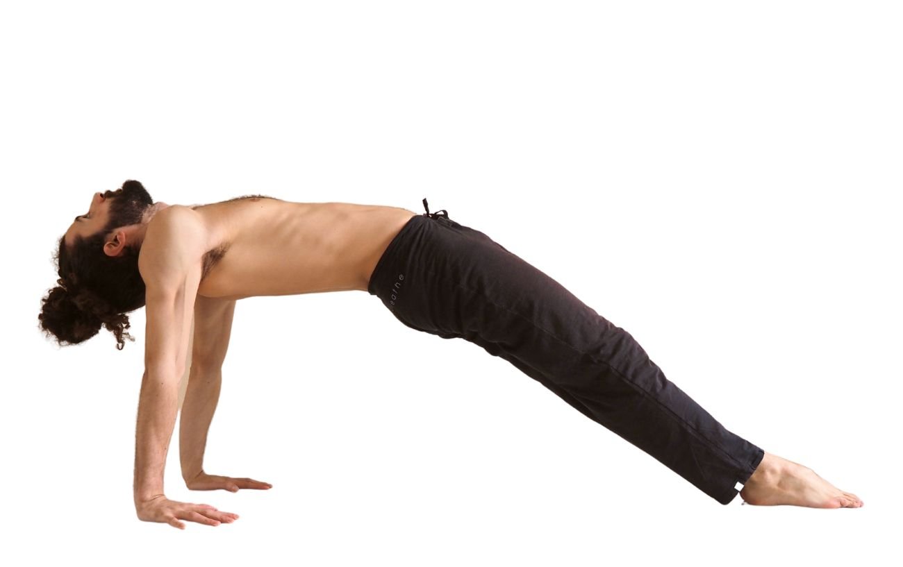 a man wearing black yoga trousers doing upward plank pose