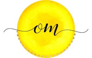 the word om against a yellow circle background